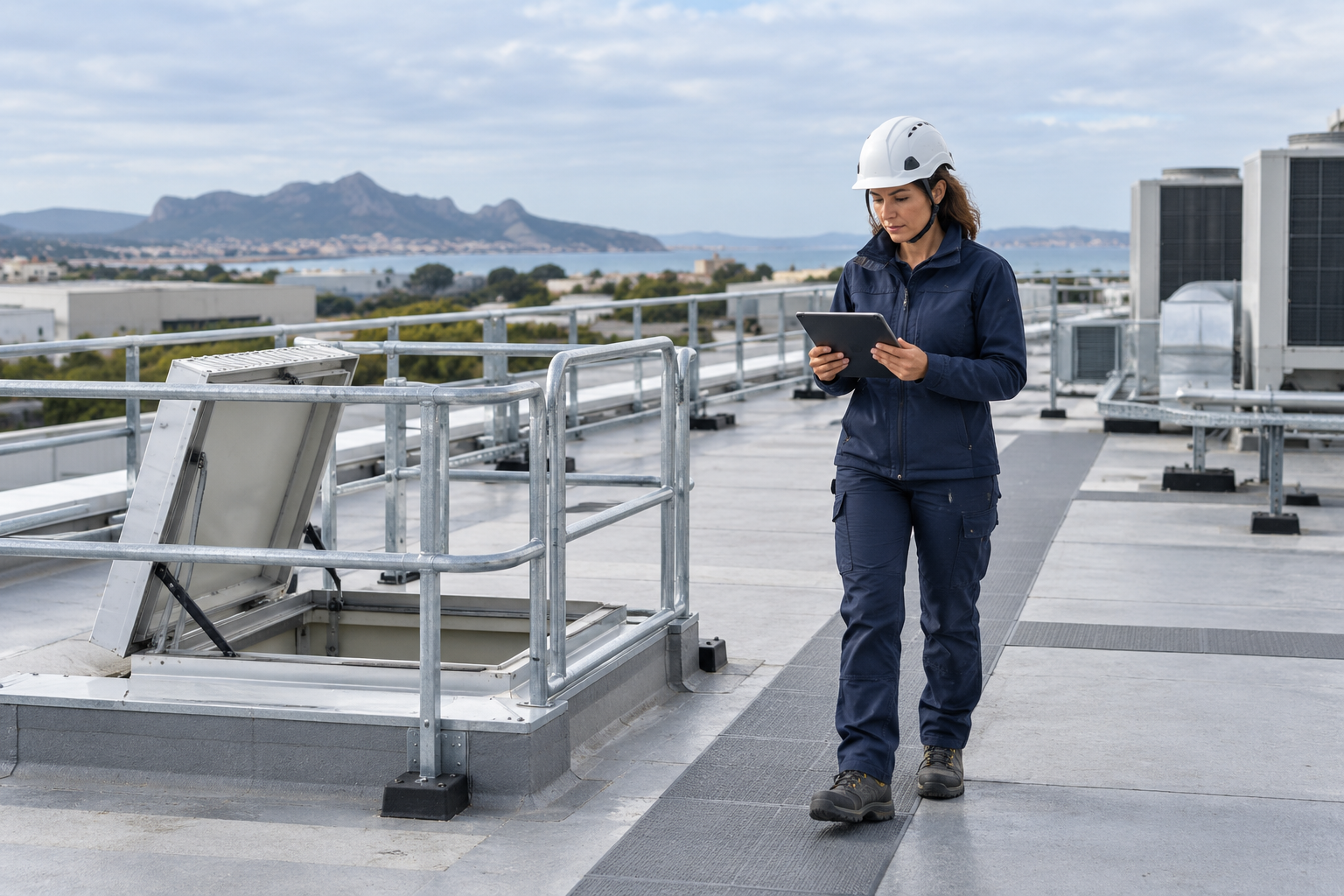Sopralluogo tecnico su una copertura industriale con accesso protetto