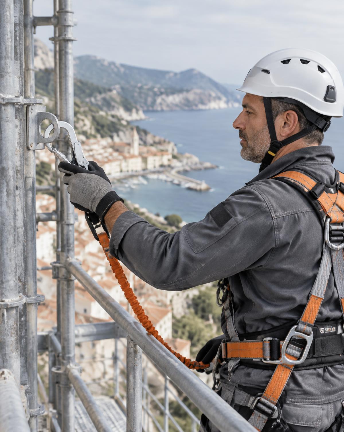 Operatore in quota con imbracatura anticaduta che aggancia il moschettone a un punto di ancoraggio su un ponteggio, con la costa sarda sullo sfondo