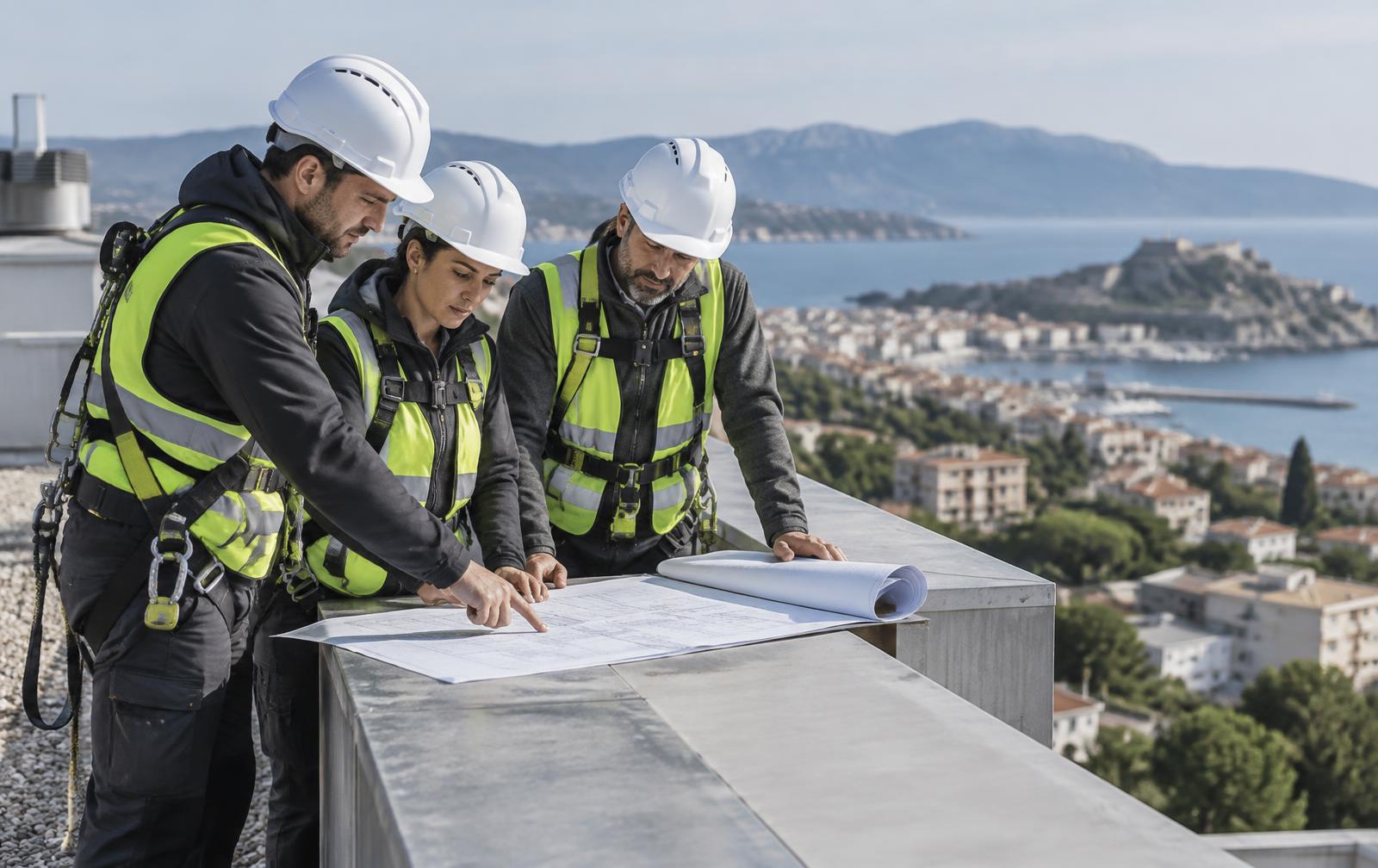 Tre professionisti con casco, gilet alta visibilità e imbracature anticaduta studiano gli elaborati tecnici su una copertura, con la costa sarda sullo sfondo